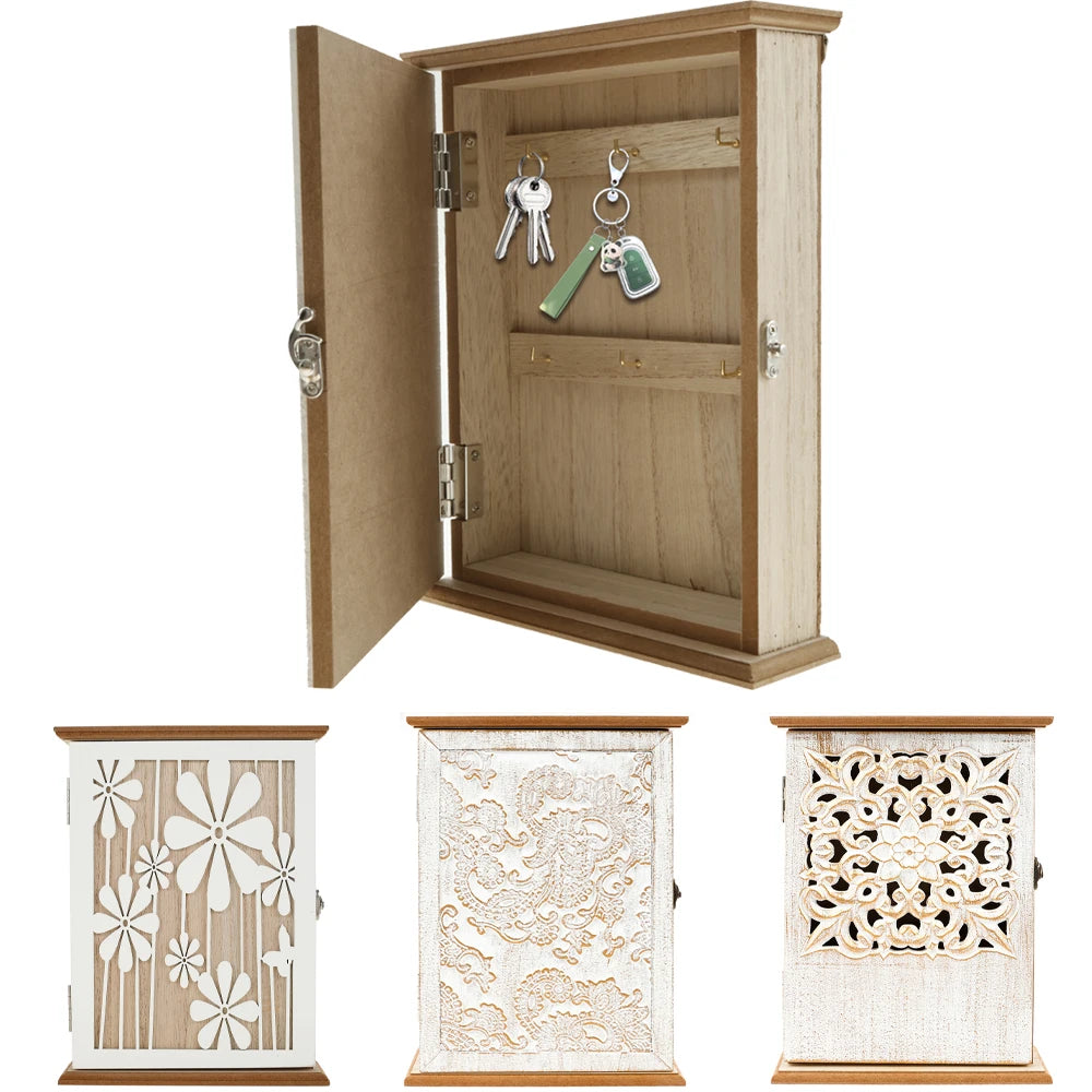 Wood key cabinet box wall mount vintage rack decorative holder with inner hooks storage for home office entrance