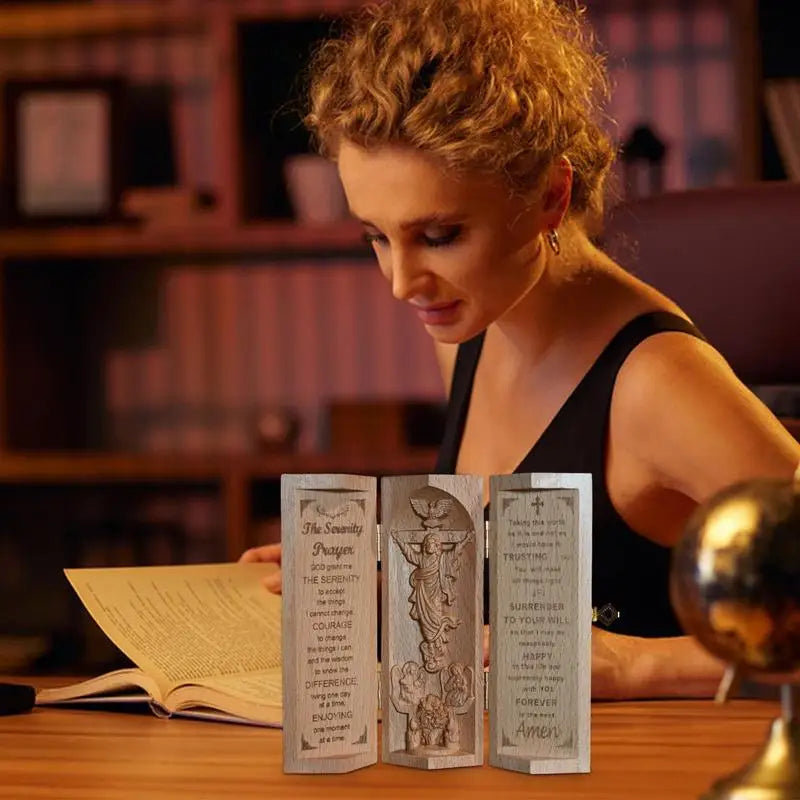 Wooden sculpture nativity family cylinder religious jesus carving serenity prayer christian statue of openable