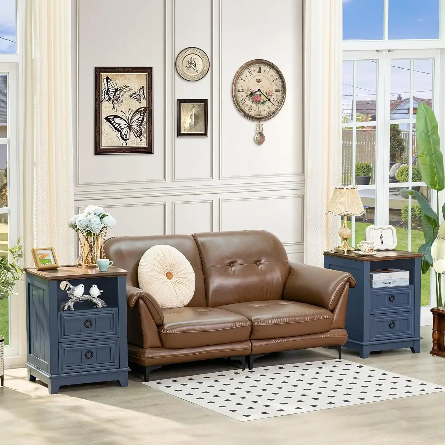 18’’ farmhouse night stand with charging station 2 drawers end table dresser for bedroom blue wooden nightstand bed side