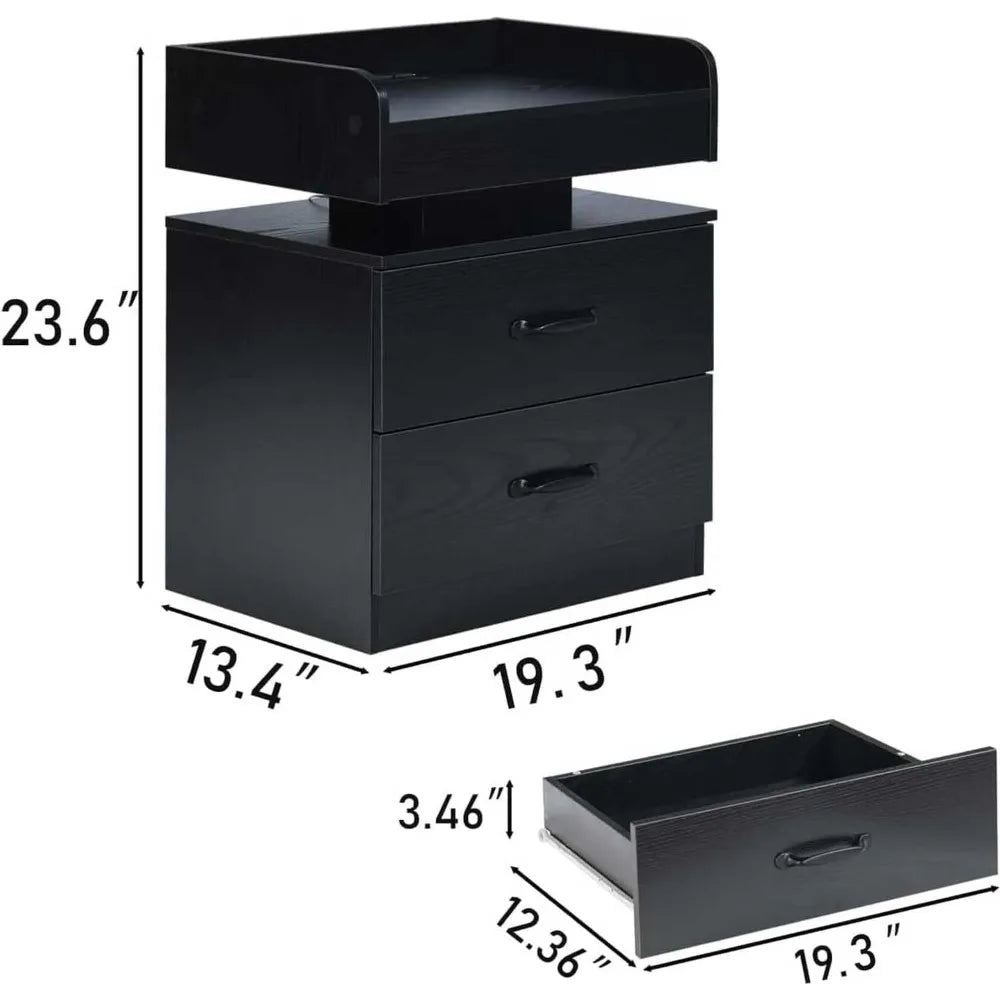 Black nightstand with charging station night stand led lights modern led end table for bedroom