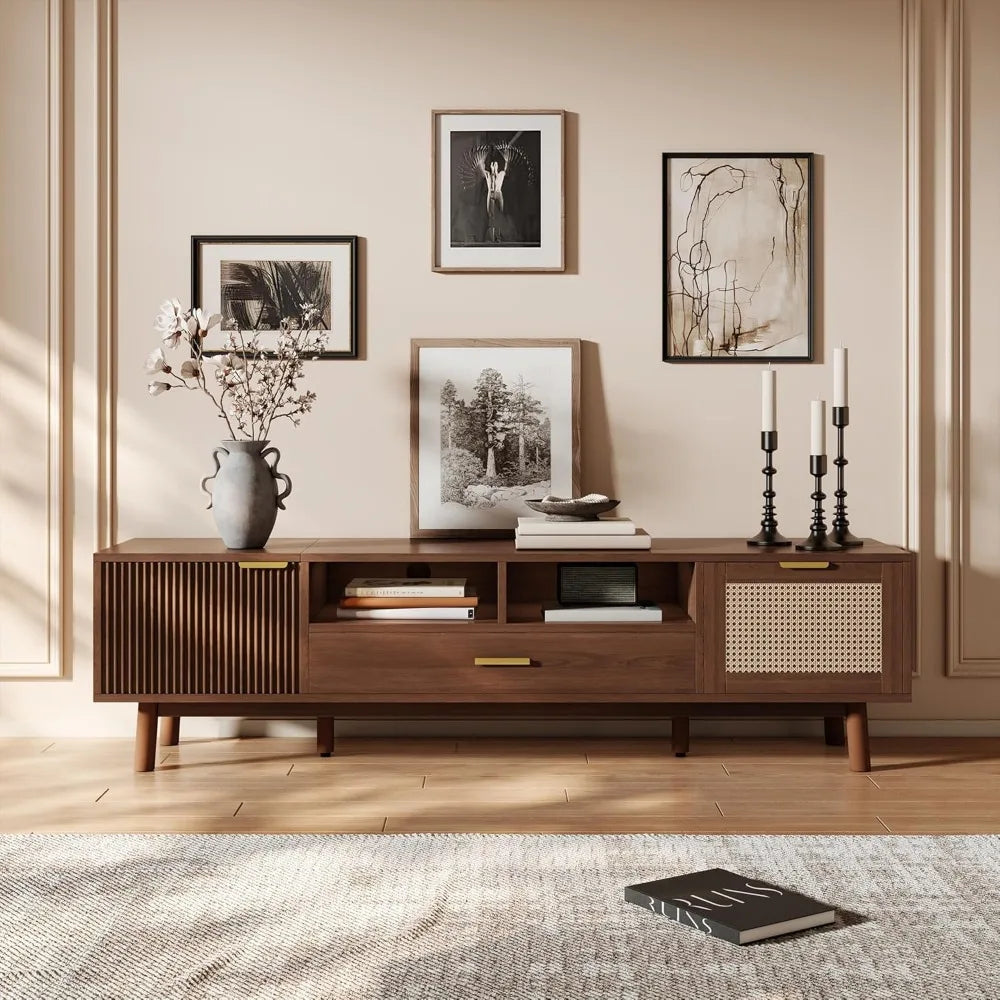 Mid century modern tv stand for tvs up to 75” boho entertainment center media console with 2 doors 1 drawer and open