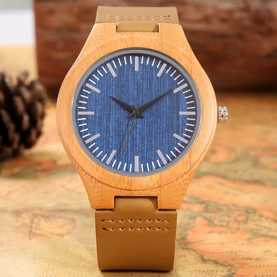 Men’s watches fashion blue dial simple leather band quartz wristwatch bamboo wooden watch male present a gift for men