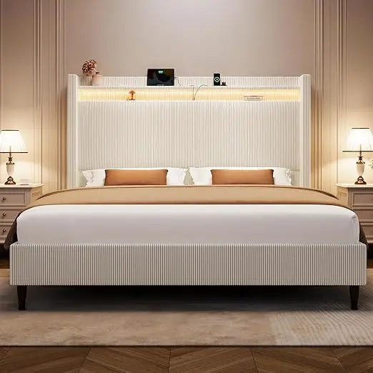King size upholstered platform bed frame with tall headboard 55.3’’ corduroy led lighted charging station - cream