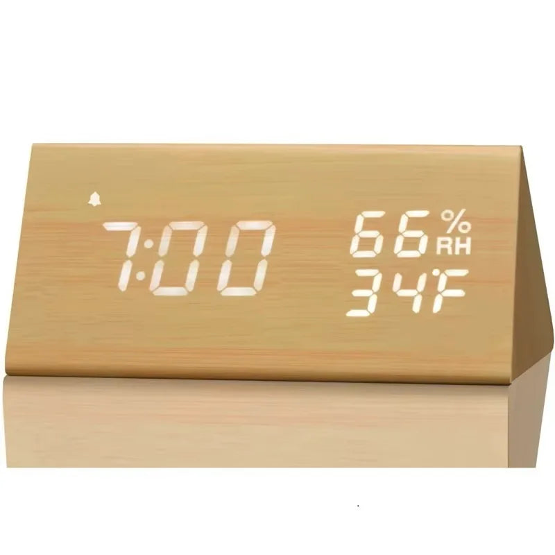 Wooden alarm clock led time display usb charger humidity and temperature detection digital for bedside table - yellow