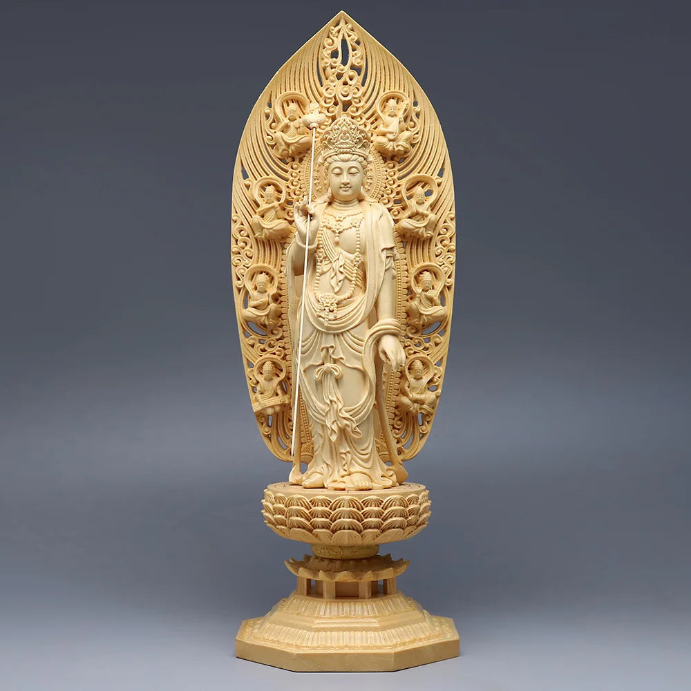 Cypress carved oriental three saints ornament solid wood sun and moonlight bodhisattva pharmacist buddha
