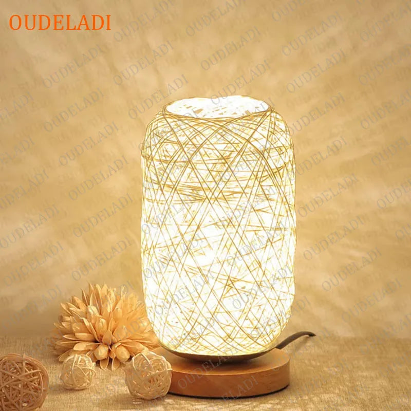 Oudeladi wooden base rattan twine table lamp home decor living room bedroom bedside desk night light usb and eu plug