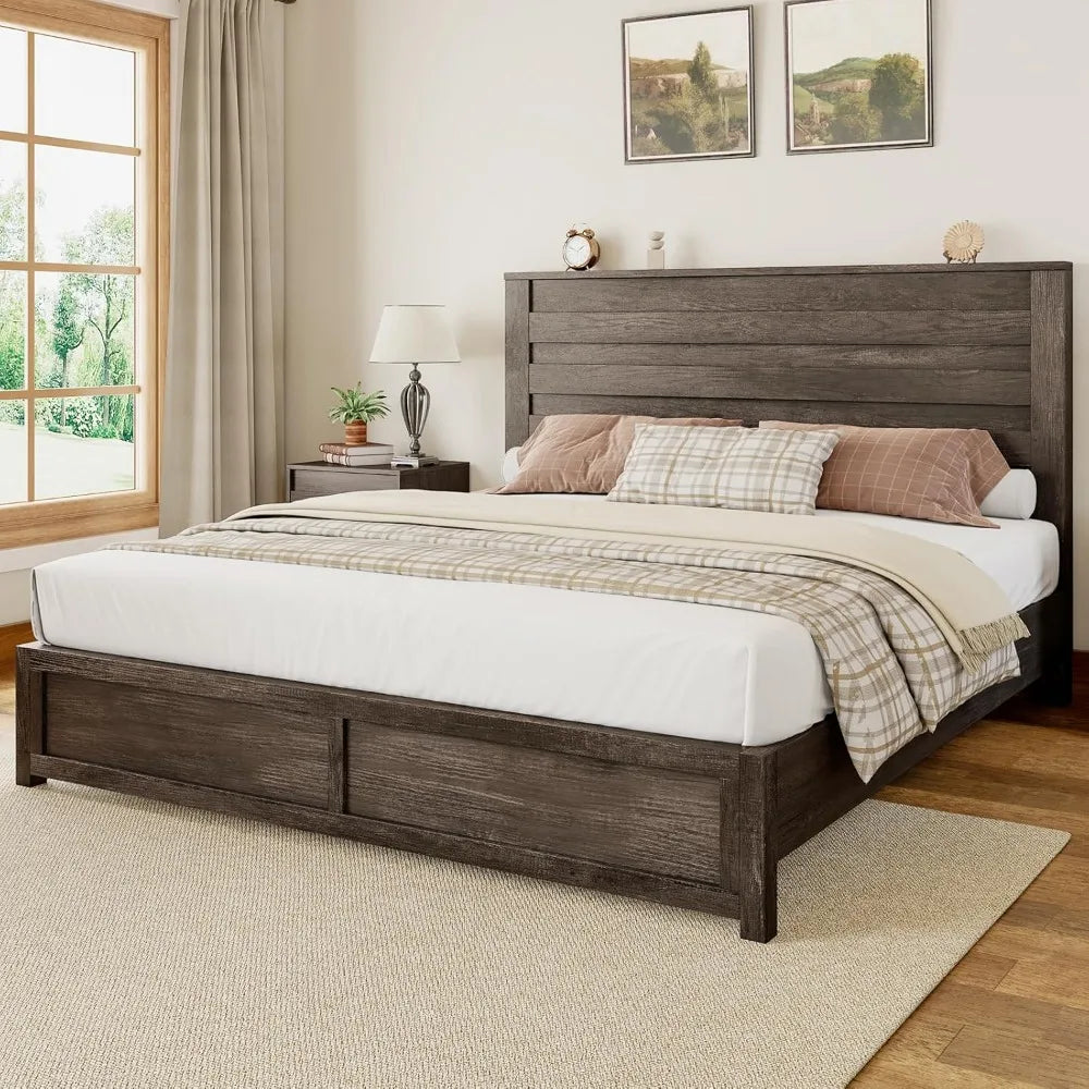 Queen size platform bed frame with 49’’ headboard farmhouse wood slat support/no box spring needed/easy assembly