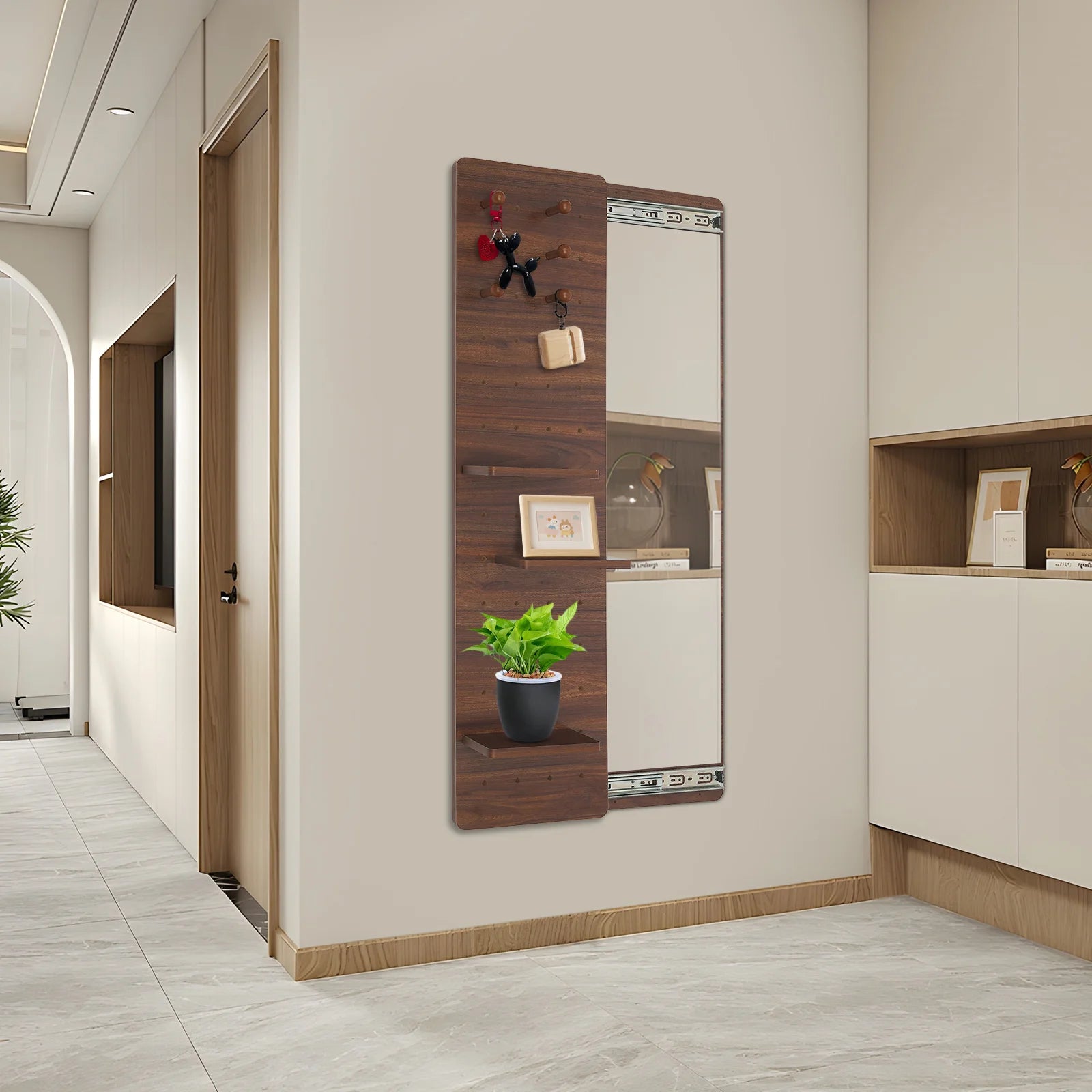 Wood full length mirror with shelf and hooks dual slide rail design multifunctional panel fitting - walnut color