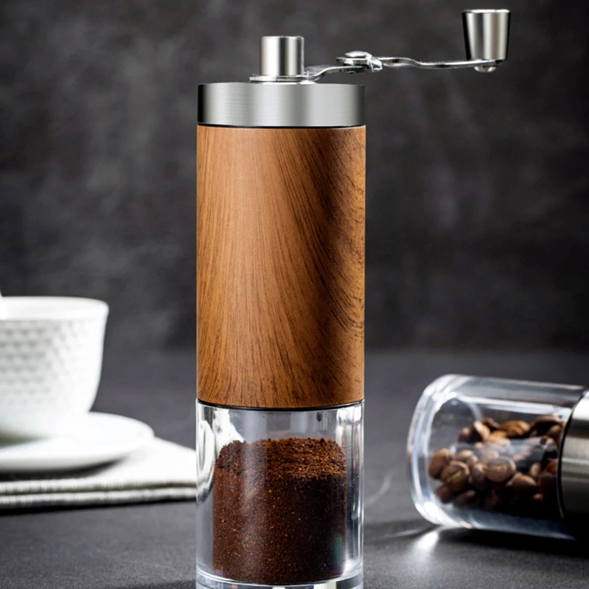 Manual coffee bean grinder portable wood grainstainless steel crank hand coffeegrinder kitchen tool - 1pcs