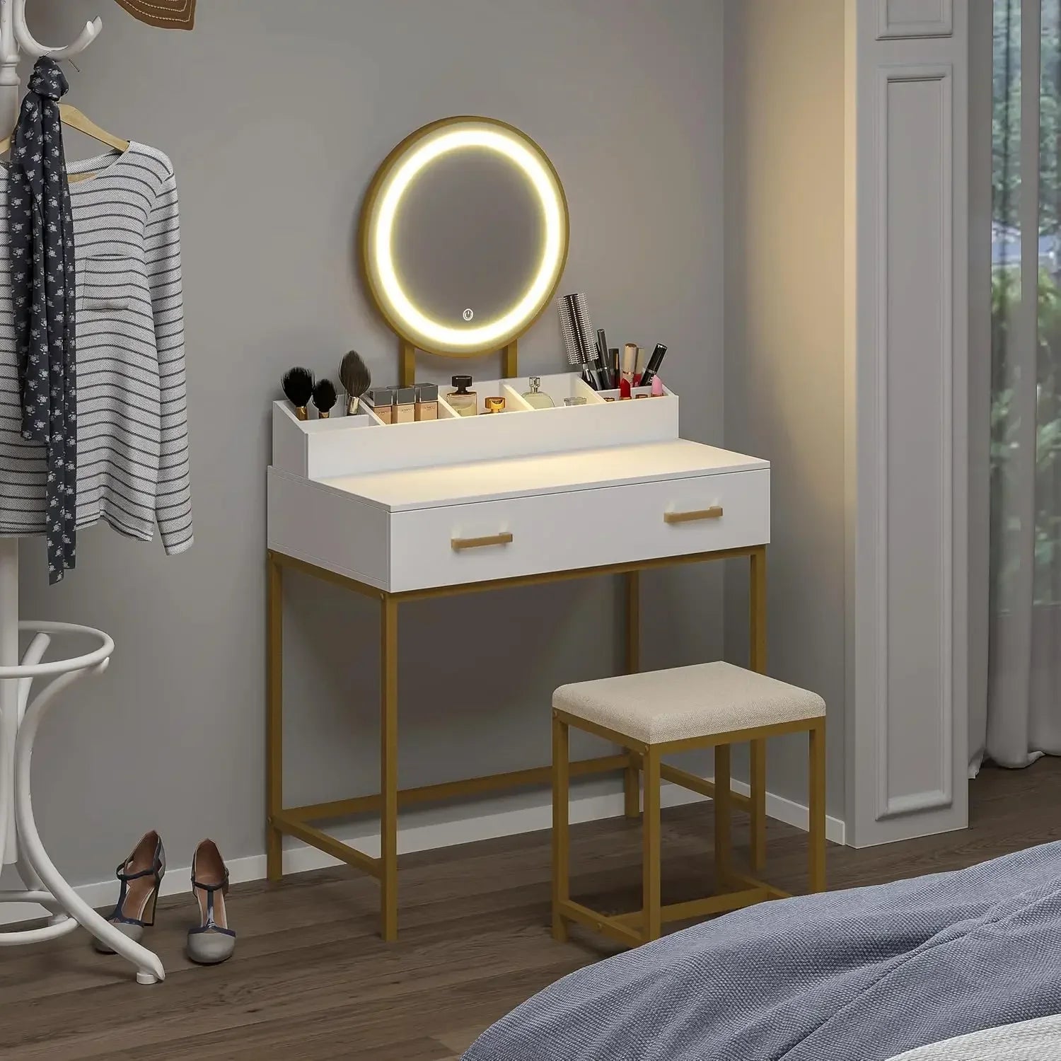 Makeup vanity desk with mirror and lights set drawers small table cushioned stool - united states