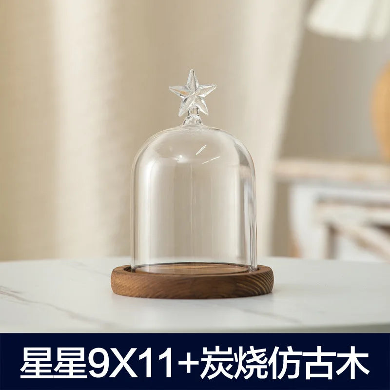Aromatherapy candle holder ornaments dust-proof glass cover wooden base display box home decoration - pentagram 11cm