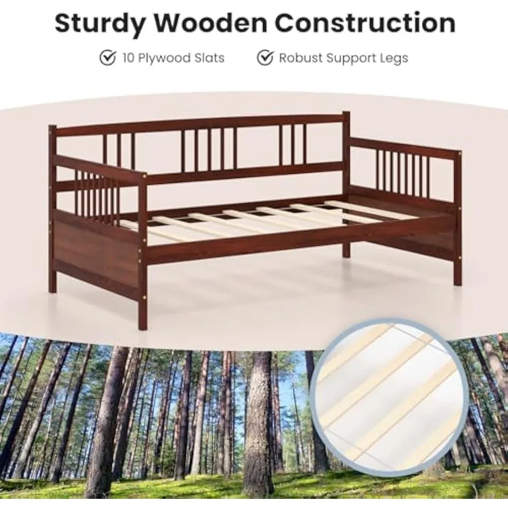 Homgx twin wooden daybed frame sofa bed w/solid wood slats support & rails dual-use heavy duty modern platform for l