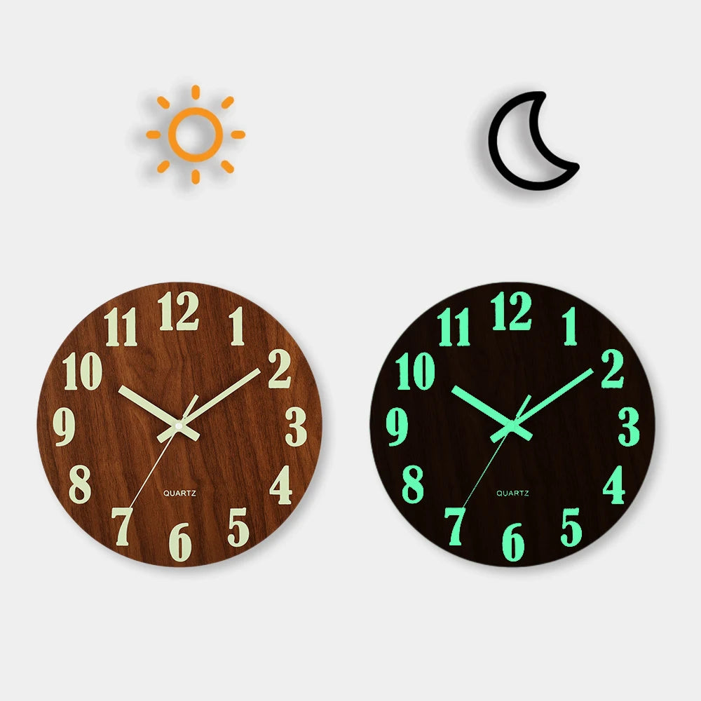 12 inch luminous wall clock wood silent light in dark night nordic fashion non ticking with night light - yg001 / inch