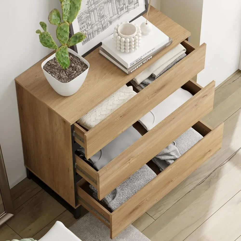 Dresser for bedroom closet organizers and storage with 3 drawers chest of metal base modern wood