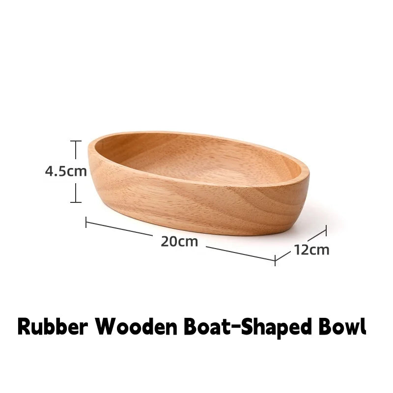 Rubber wooden boat-shaped bowl creative wood salad fruit vintage nut dim sum storage plate home kitchen utensils - 20cm