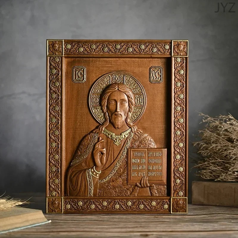 Vintage religious 35cm orthodox icon jesus statue holy saint plaque ornaments church interior home wall decor - gold