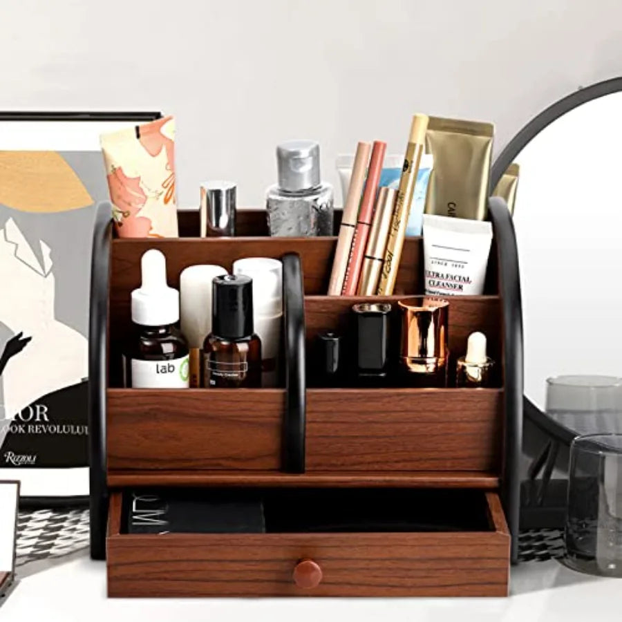 Wooden desk organizer with drawer remote control holder caddy makeup organize wood peil desktop supplies and stationery