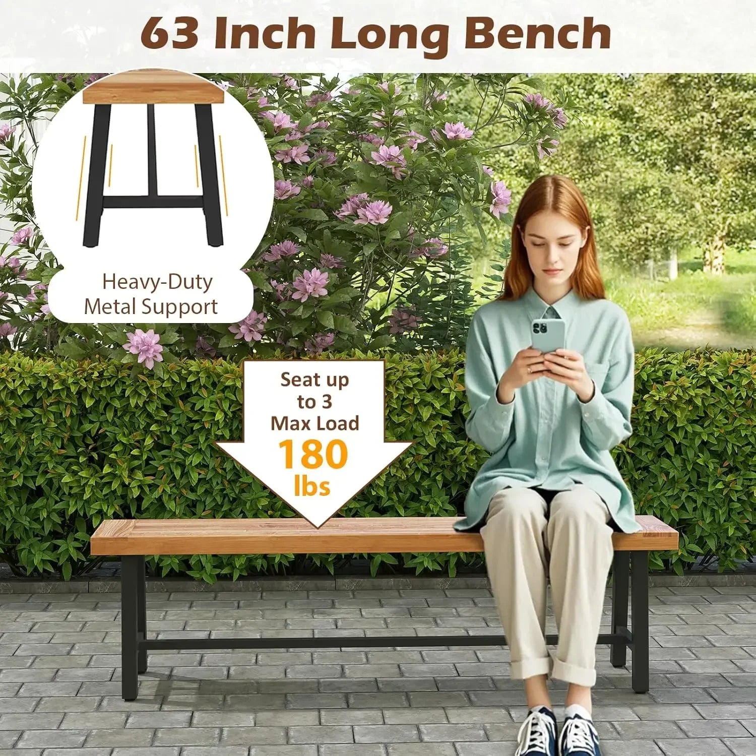 （xmsj-hot）outdoor bench garden set of 2 63’’ backless acacia wood with heavy-duty metal legs patio dining front porch