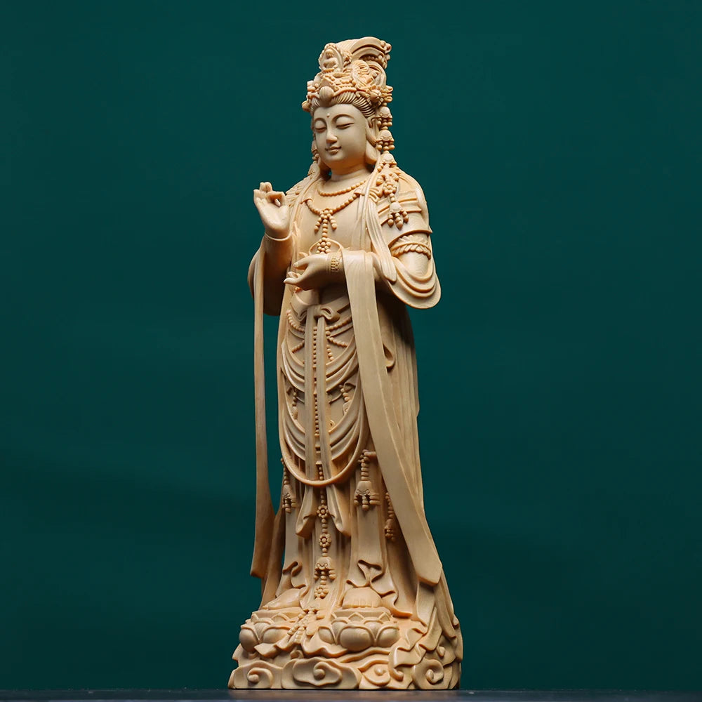 Hand carved hinoki wood standing guanyin kuan yin bodhisattva statue figurine w/ vase lotus base - spiritual temple