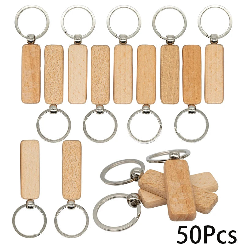 50pcs rectangle car blank chain gifts anti lost keychain natural wood key ring - slender rectangle