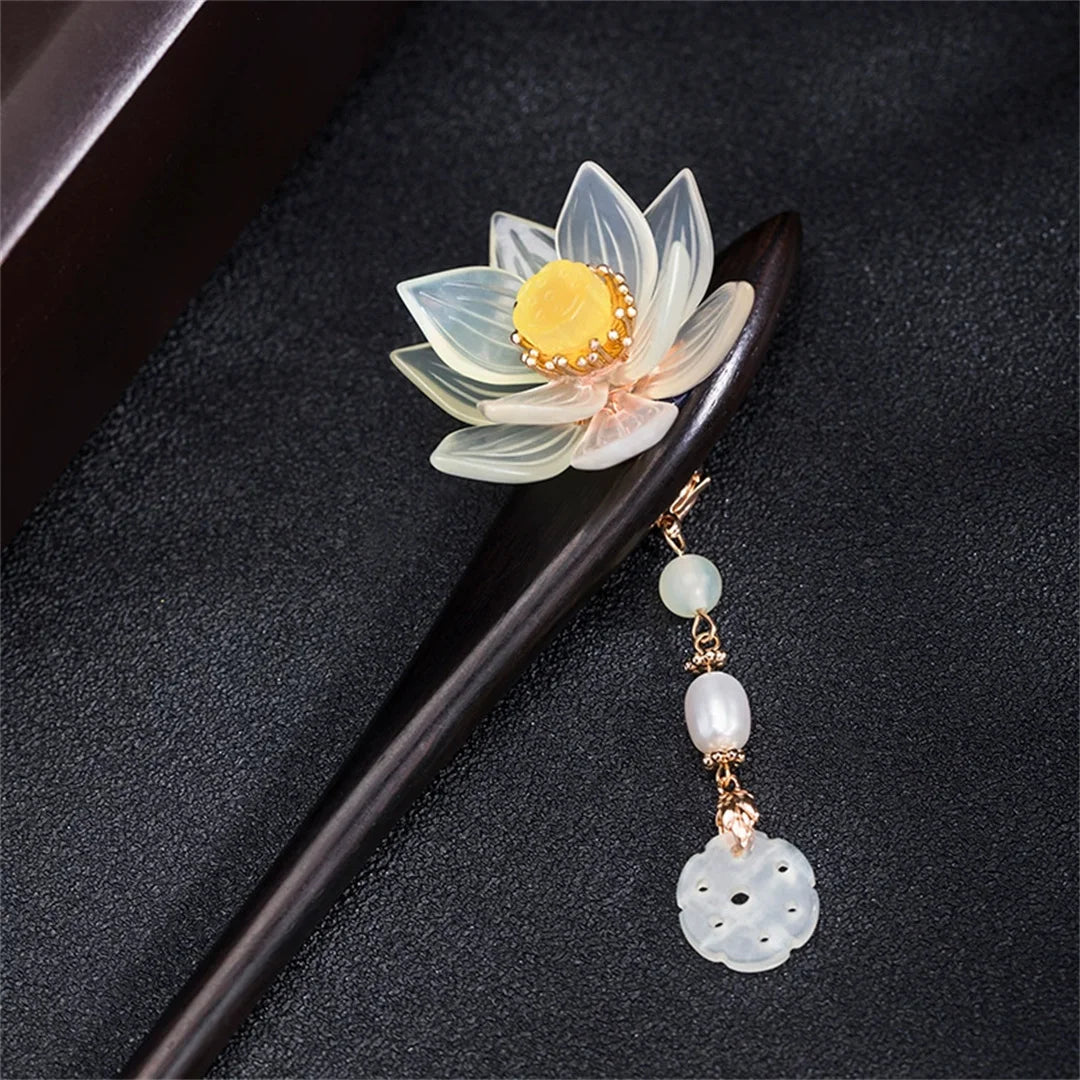 S925 pure silver women’s men hairpin retro ebony wood jade lotus flower blossom chinese style hanfu hair accessories
