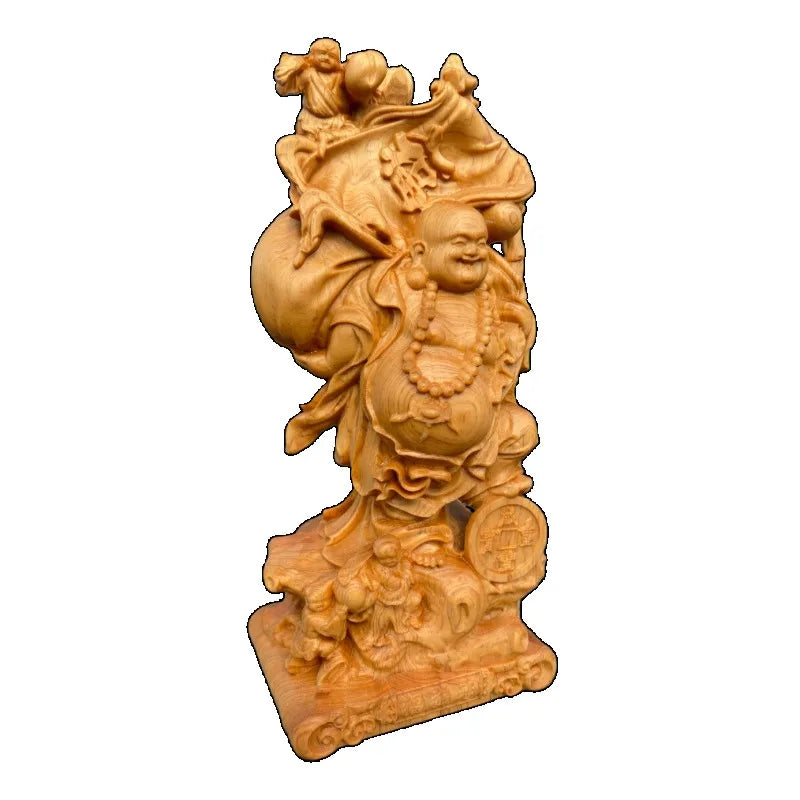Hand carved cypress wooden happy buddha statue figurine - laughing maitreya big belly ornament prosperity fortune home