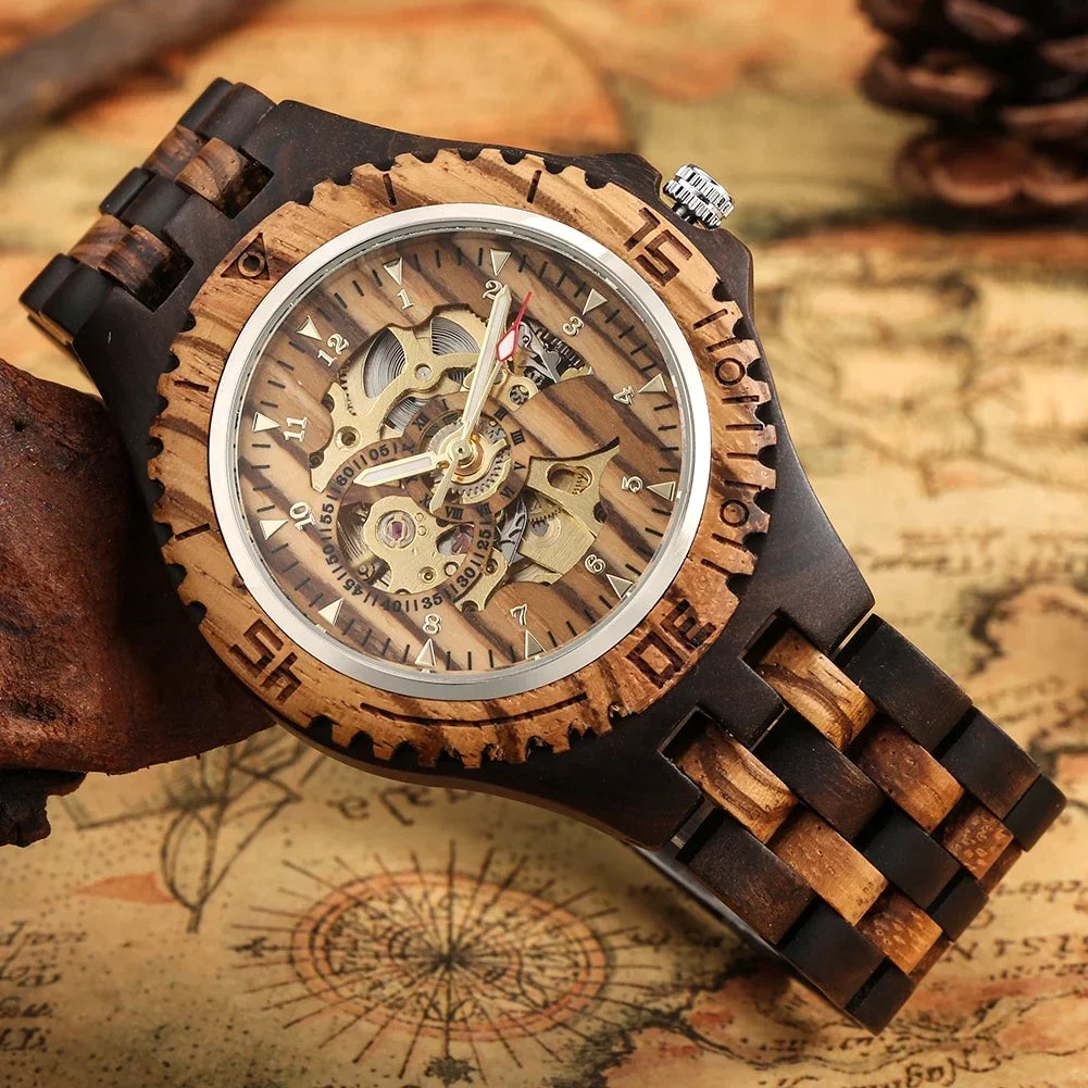 New full wooden automatic men watches gold analog arabic numerals display wood bracelet wristband self-winding male