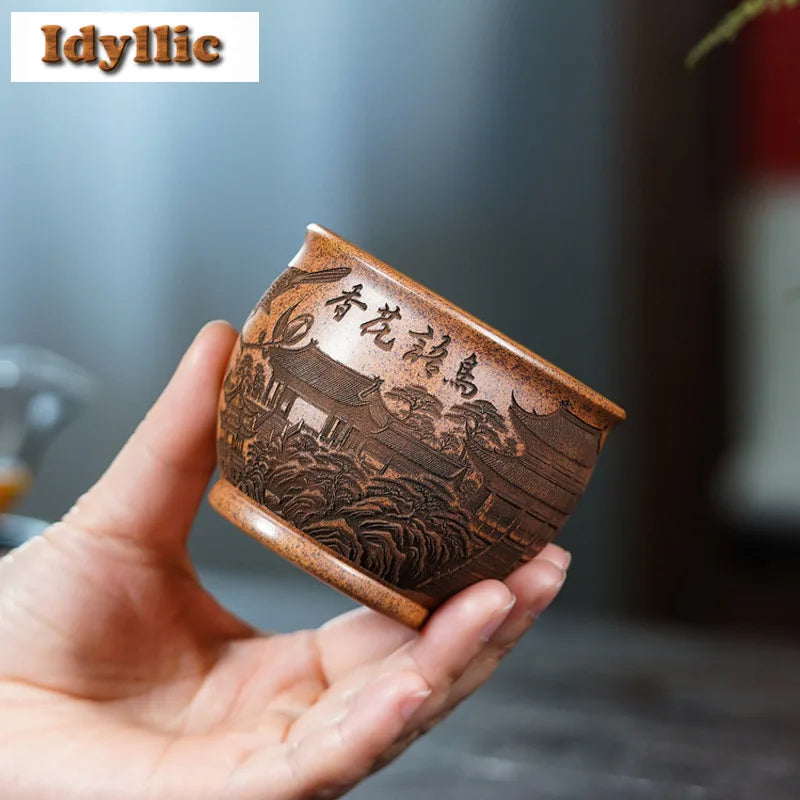 225ml purple clay wood-fired porcelain flowers and birds teacup zen tea bowl jug tea-tasting fragrance cup chazhan