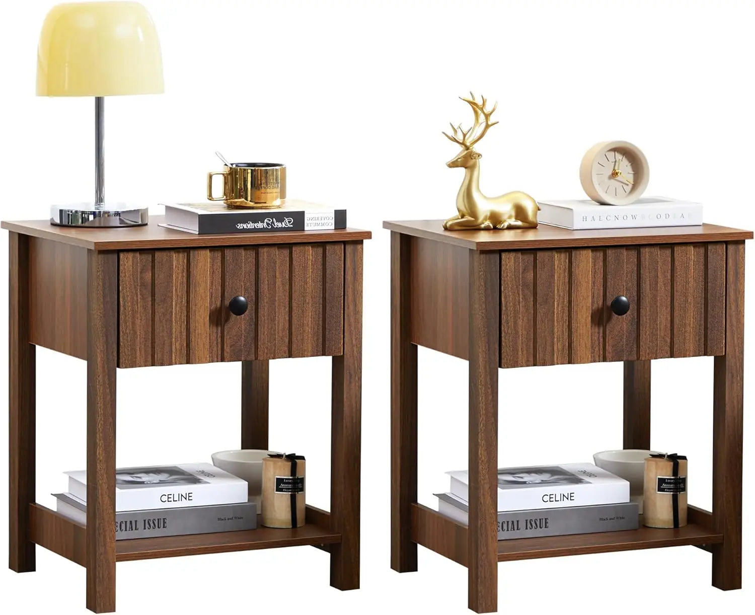 Wood nightstand 21.65’’ h bedside table with wide fluted finish modern night stands drawer mid century end - walnut-2