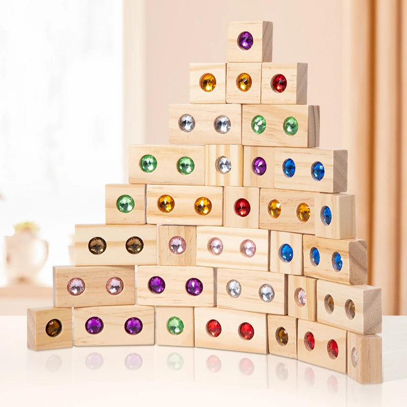 Diy blocks sparkling acrylic toy kids wooden montessori rainbow gem stacking colorful educational creative toys - game