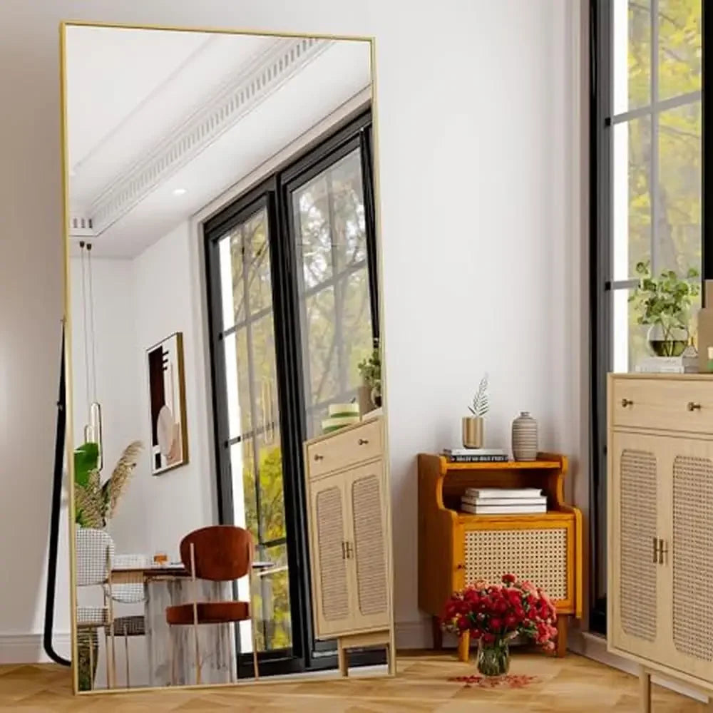 76’’x34’’ aluminum alloy thin frame full length mirror hanging/leaning rectangle floor bedroom dressing gold hd glass