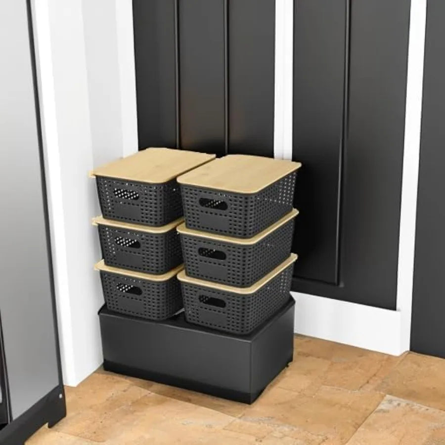 Plastic storage baskets with bamboo lid stackable containers for organizing shelves drawers desktop closet play