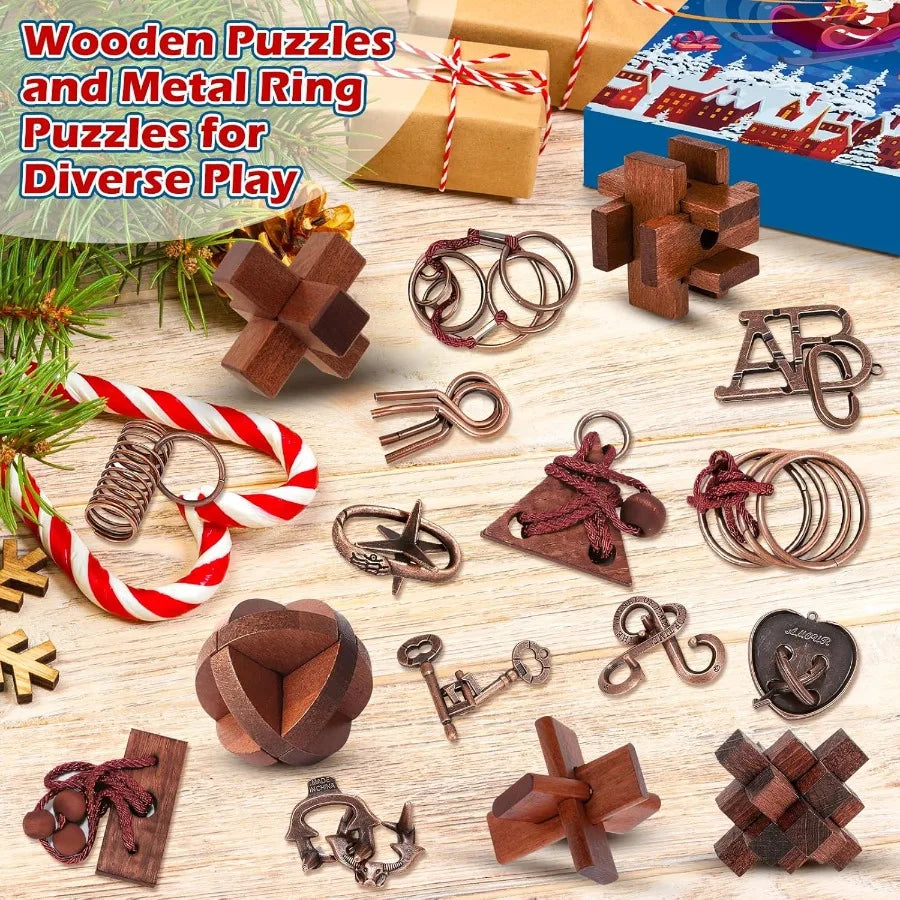 Advent calendar 2025 brain teaser for adults 24 days of metal puzzle ring wooden toy games christmas countdown