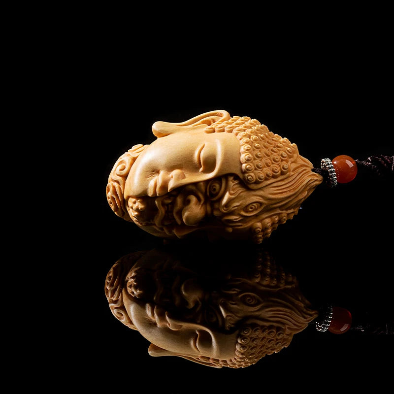 Hand carved wooden buddha demon head duality pendant charm keychain spiritual art figurine ornament car bag hanging