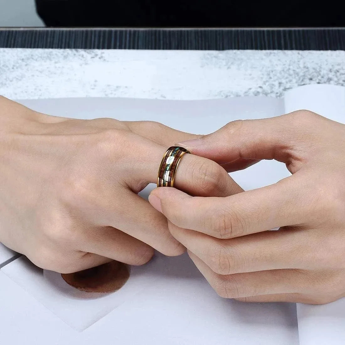 Fashion 8mm rose gold color stainless steel koa wood rings for men inlay colorful abalone shell wedding band jewelry