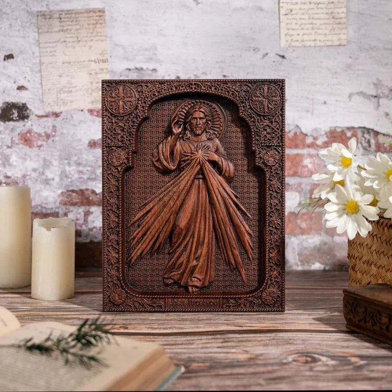 Religious catholic jesus image the sacred heart and divine mercy wood wall plaque - retro / high 25cm - (christian)
