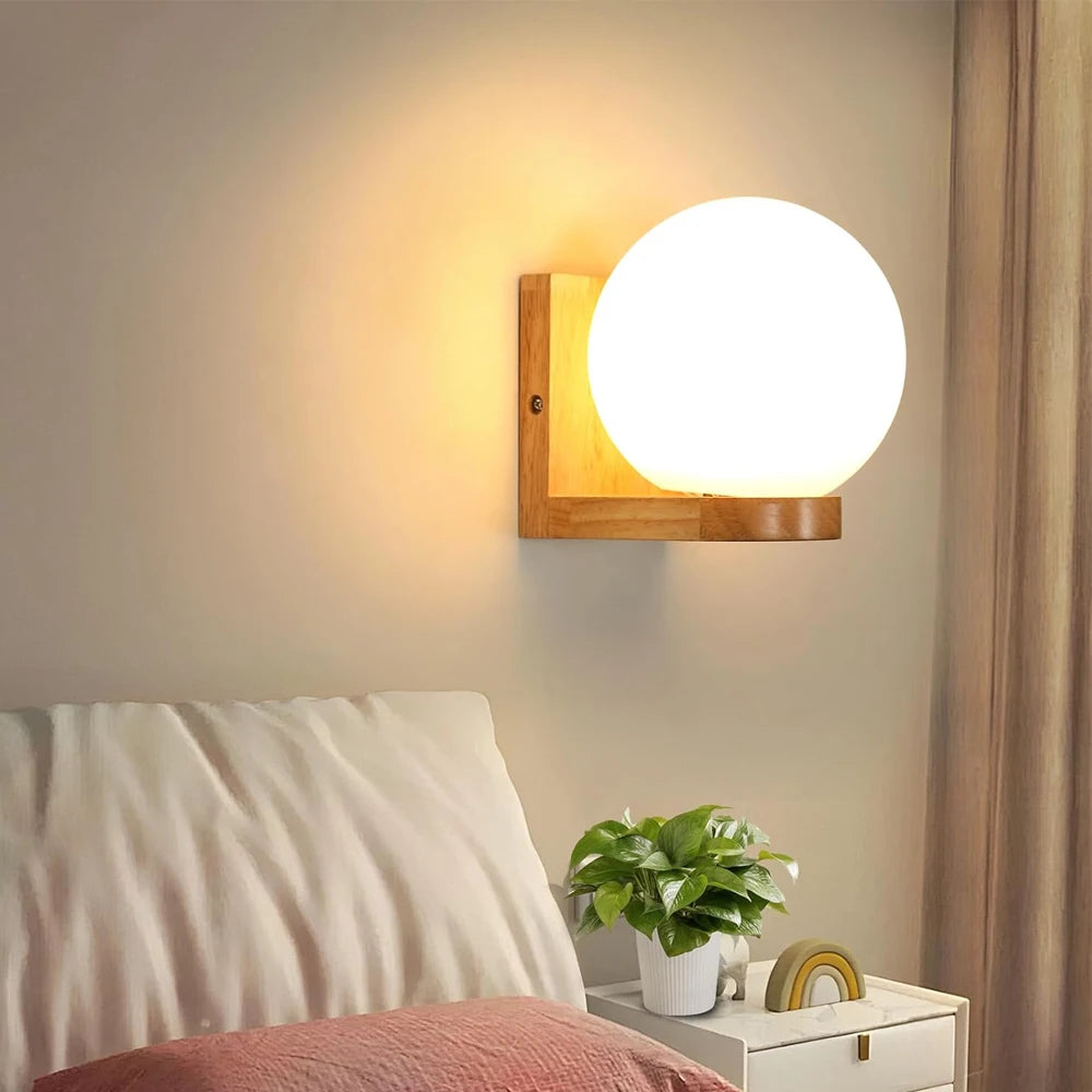 Nordic wood wall lamps with glass shade home indoor decor sconce bedside lamp modern led light night lights fixtures e27