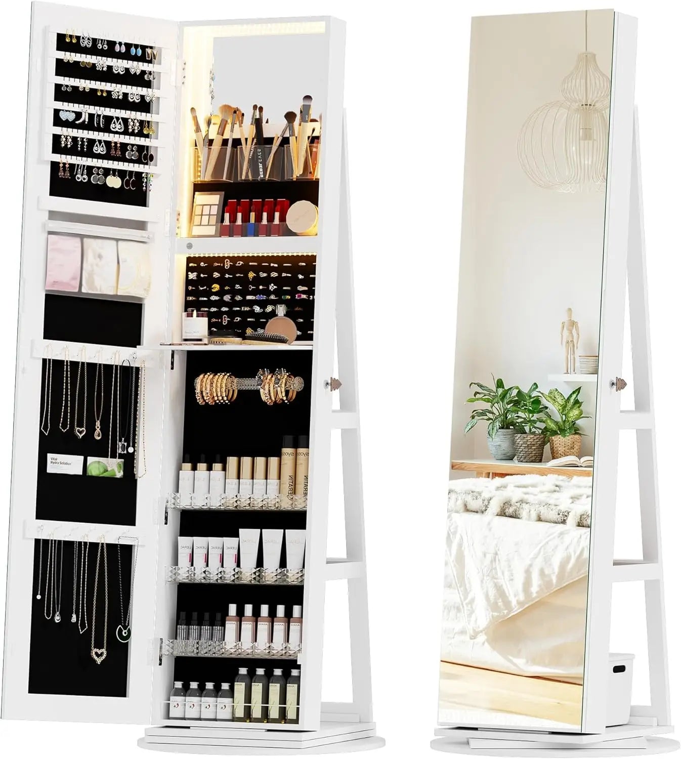 Full length mirror armoire with led lights lockable cabinet jewelry storage 360 swivel - b-snowy white / united states