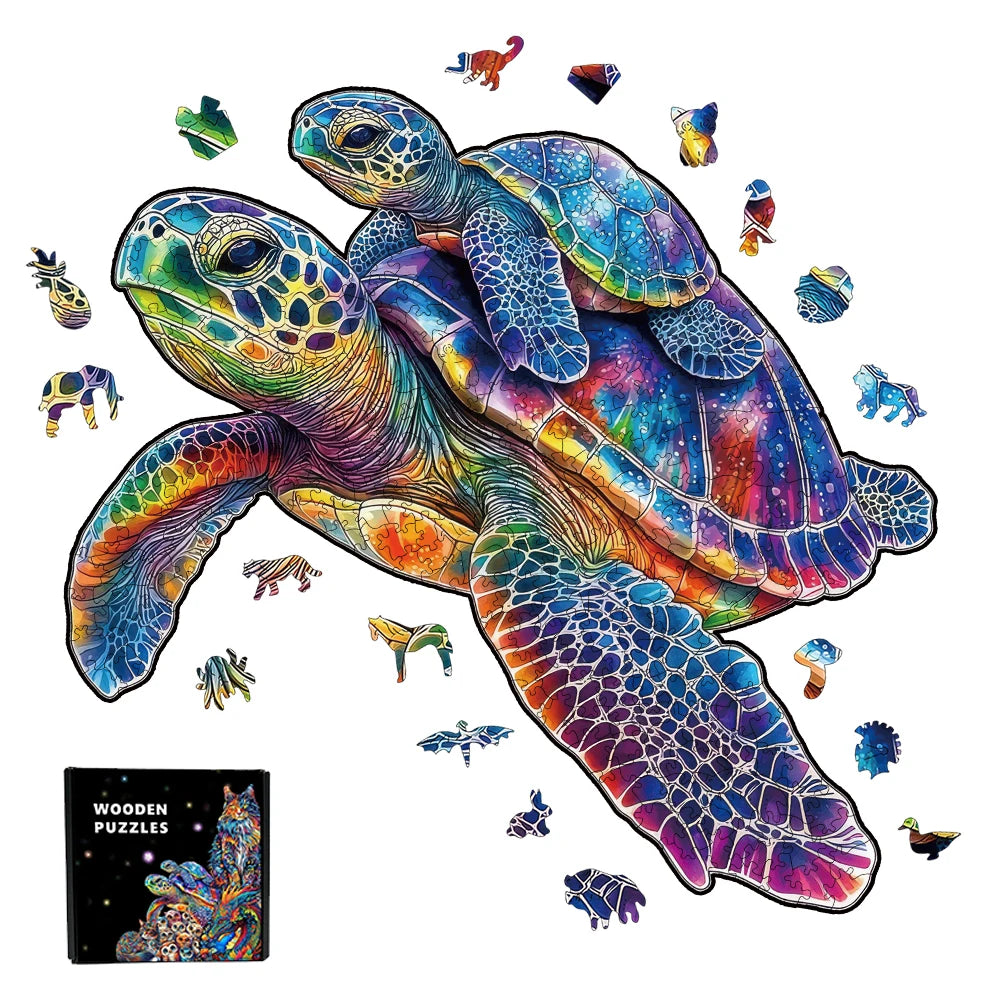 3d turtle father and son wooden jigsaw puzzle，ideal gift for adults artistic brain teaser unique irregular animal shape