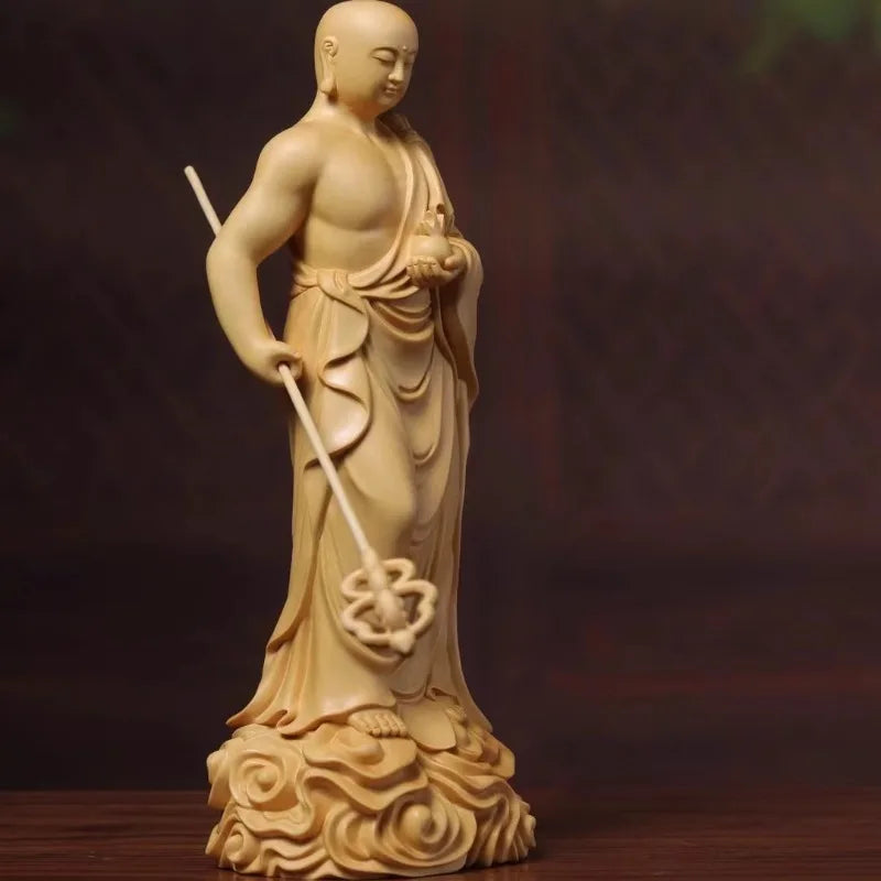 Hinoki wood hand carved ksitigarbha dizang bodhisattva standing statue figurine w/ staff jewel - spiritual ornament