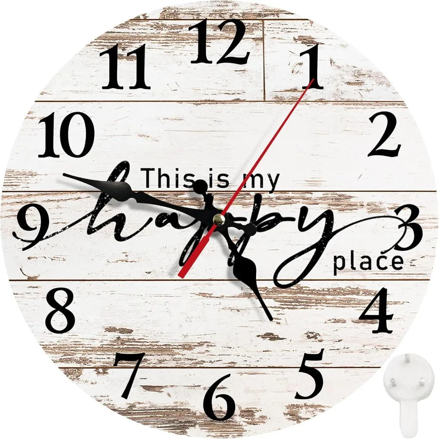 Round wall clock silent nonticking battery operated 10 inch vintage wood happy place home decor for living room