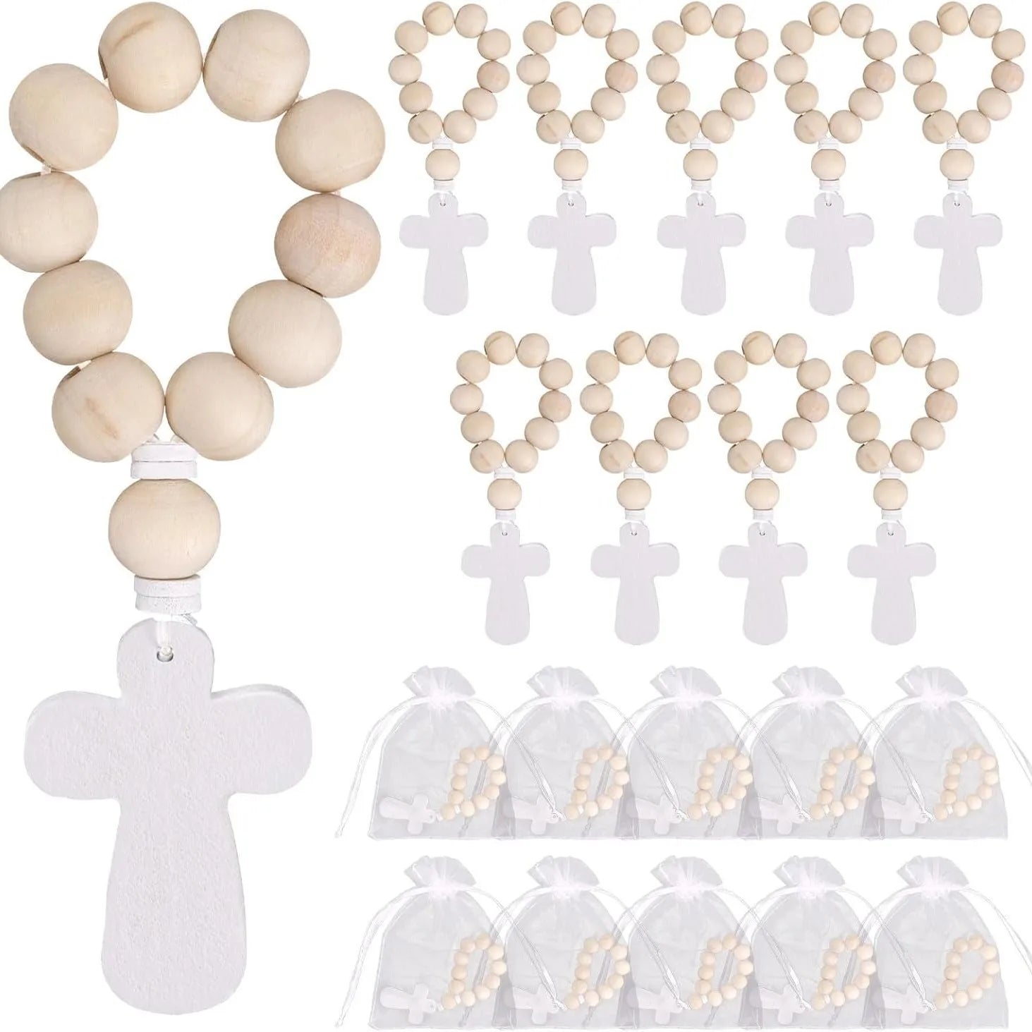 1/6/12pcs wooden rosary wood bulk catholic with crucifix cross pendant white mesh bags for baptism first communion