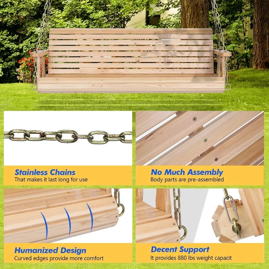 Upgraded heavy duty wooden patio swing for courtyard and garden 5 ft natural finish chair bench with durable hanging