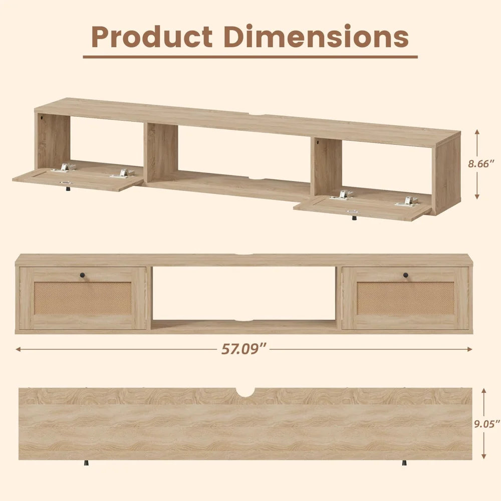 Modern rattan floating tv stand rectangular wall. -mounted with doors entertainment center storage 57 inch