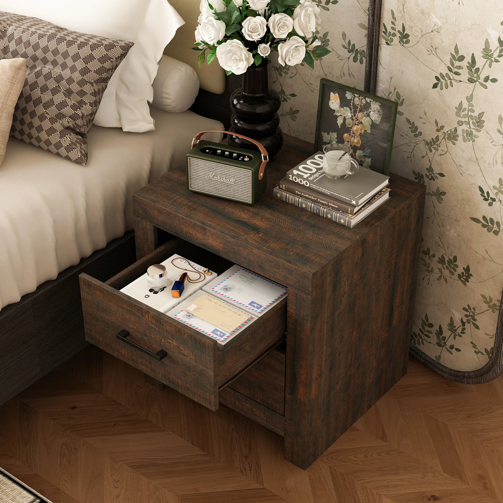 Fufu&gaga 2-drawers bedroom nightstand with spacious top bedside table metal handles for living room brown wood grain