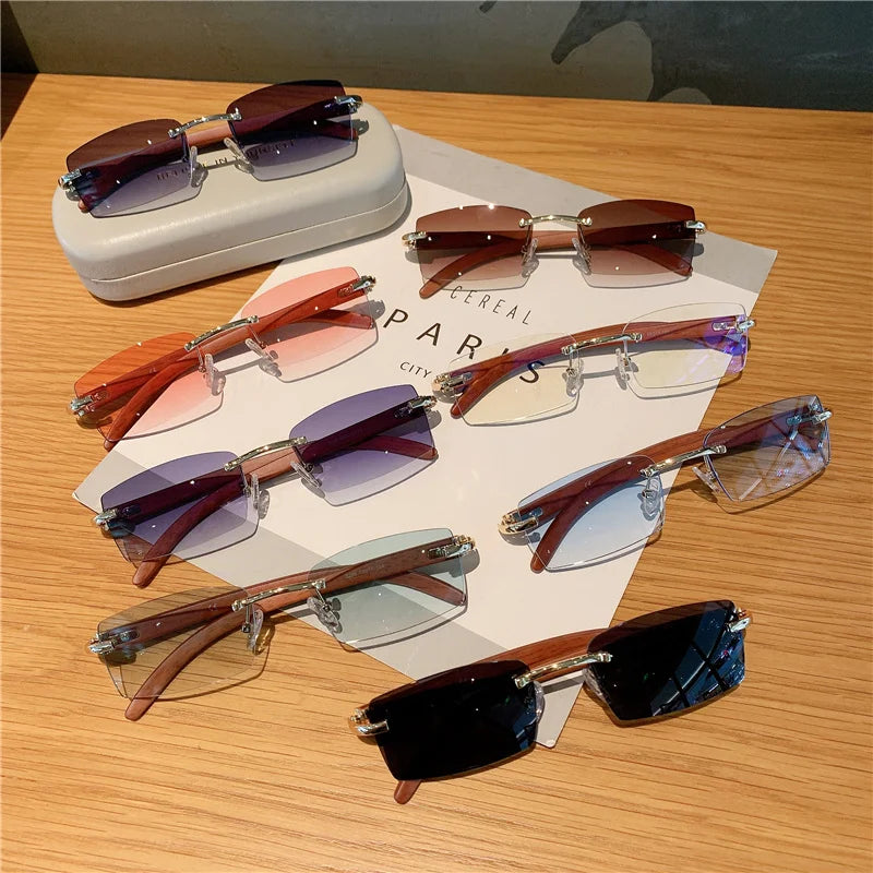 Rimless sunglasses for men women wooden pattern luxury brand retro sun glasses fashion shades uv400 travel outdoor