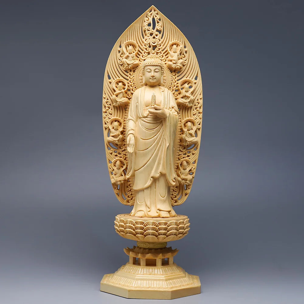 Cypress carved oriental three saints ornament solid wood sun and moonlight bodhisattva pharmacist buddha