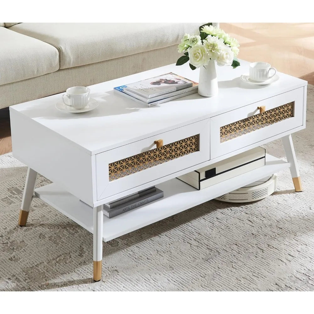 Wooden mid century modern coffee table retangle accent center with two drawers tables for living room white