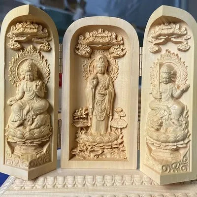 Solid wood carving three open buddha statue collapsible sculpture living room and bedroom decoration modern art - 19