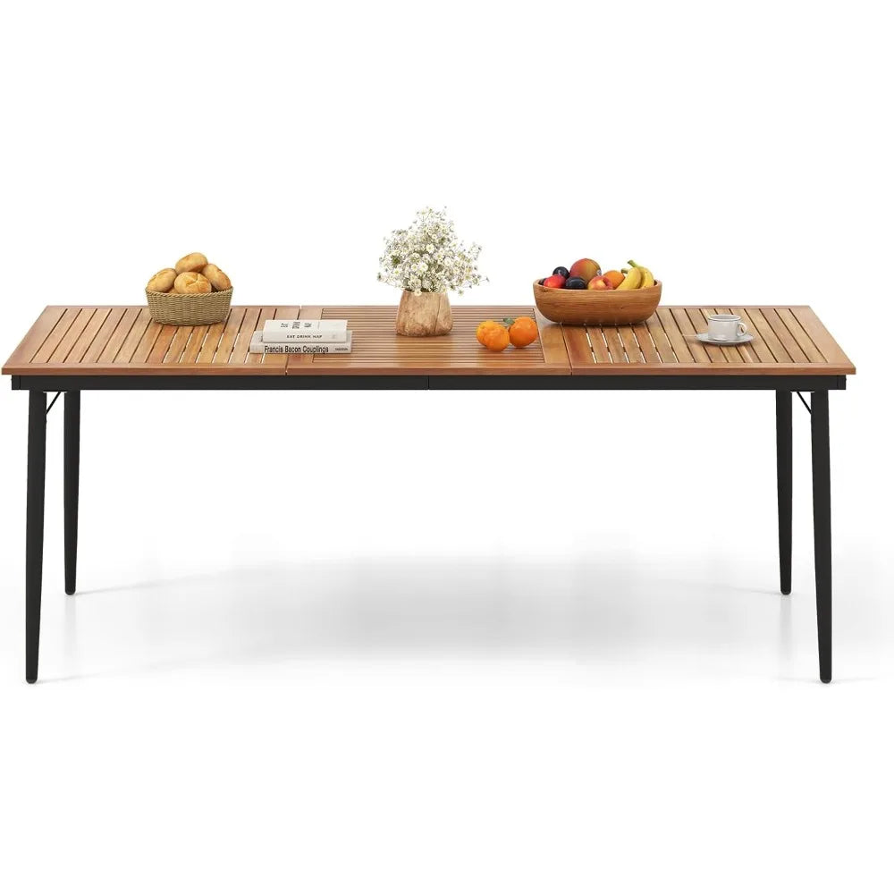 Outdoor dining table for 8 79 inch acacia wood patio with 1.9” umbrella hole metal frame & anti slip foot pads indoor